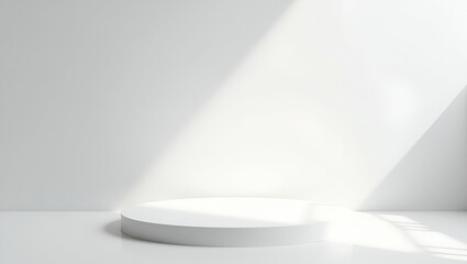 White Podium Backdrop for Product Display in Interior Room: Sunlight and Shadows on White Concrete Wall - Perfect Photo Stock Concept with Empty Space for Creative Use