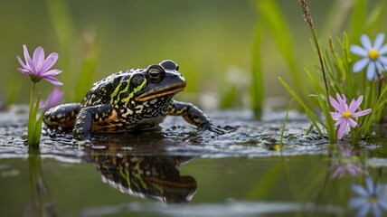 Fire-Bellied Toad Snapping at a Fly in a Lush Wetland