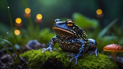 Fire-Bellied Toad on Mushroom Surrounded by Glowing Fireflies in Magical Forest