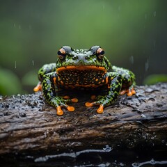Close-Up of Fire-Bellied Toad on Wet Log in Misty Forest