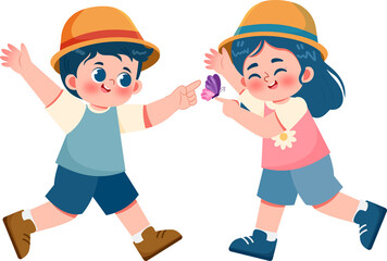 Childrens Catching a Butterfly or Insect with Bugs Net in Outdoor Illustration