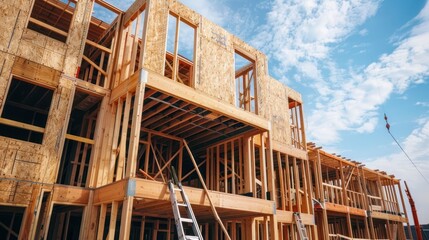 A construction crew framing the walls of a new residential building, with wooden beams and ladders in the foreground.