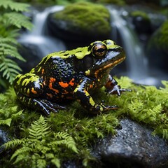 Fire-Bellied Toad Relaxing by Waterfall in a Secluded Forest Glade