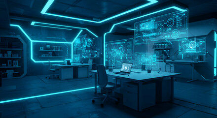 Futuristic Cyber Office Interior With Glowing Blue Light