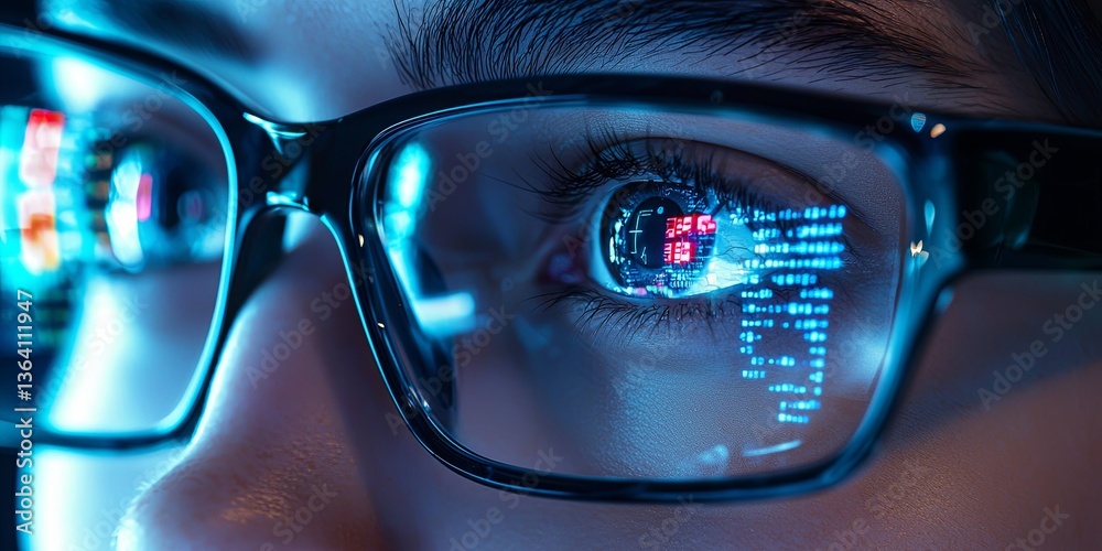 Poster close-up young person with futuristic glasses displaying digital data and illuminated eyes capturing