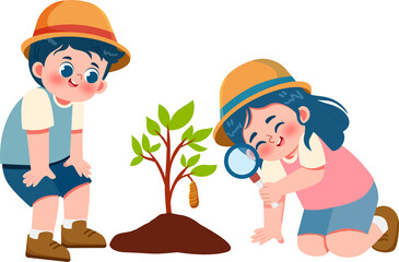 Childrens Catching a Butterfly or Insect with Bugs Net in Outdoor Illustration