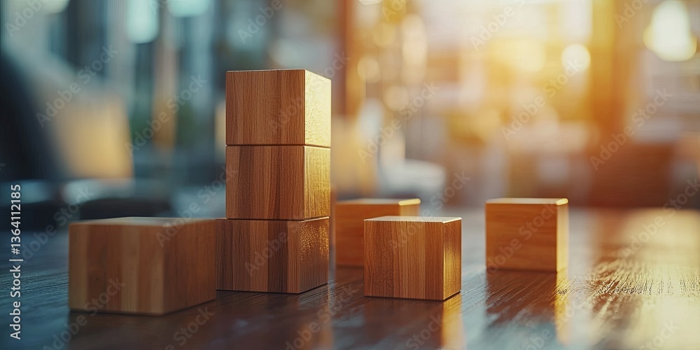 Aufkleber wooden blocks with business graphs and charts on a blurred background showcasing growth and financia