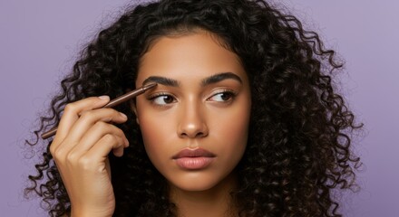 Woman perfecting eyebrows with pencil on vibrant purple backdrop for beauty routine