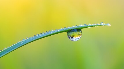 Dewdrop on a blade of grass reflecting nature.