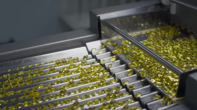 Drug Production. Medical production of dietary supplements. The yellow gel gelatin capsules move on an automatic conveyor. Creation of tablets and medicines at the factory.