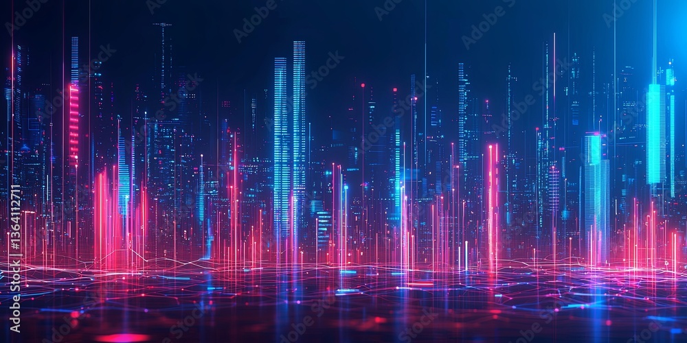 Poster Futuristic Digital Cityscape with Neon Lights and Dynamic Data Visualization Elements in an Abstract Technology Environment