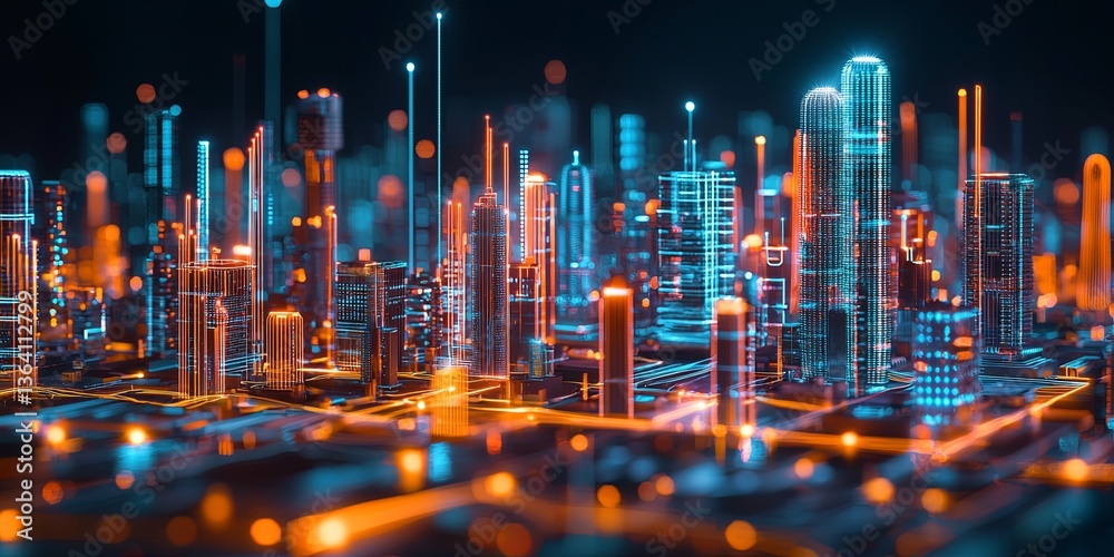 Poster Futuristic Digital Cityscape with Neon Lights and Dynamic Data Visualization Elements in an Abstract Technology Environment