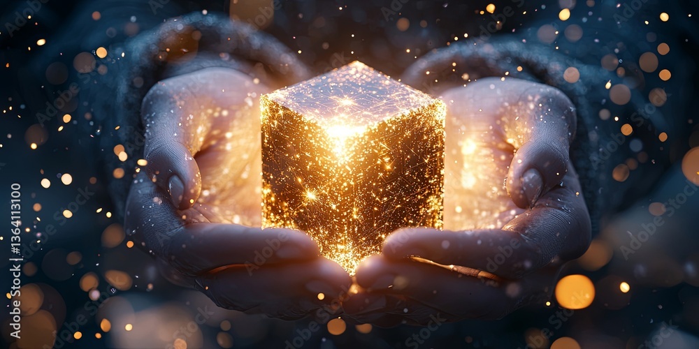 Poster hands holding a glowing cube of light with sparks and particles, symbolizing technology, innovation,