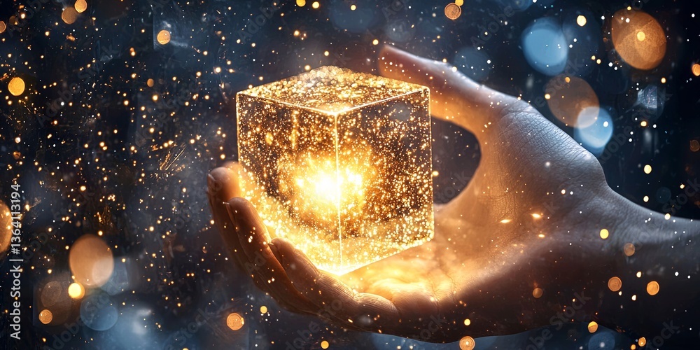Poster hand holding a glowing cube of light surrounded by sparkles and a dreamy background, symbolizing cre