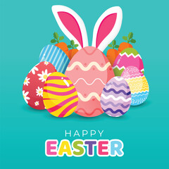 Happy easter holiday with colorful painted eggs. Rabbit ears and carrot on green background. Simple vector decoration