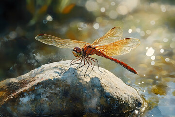 Detailed close up of a dragonfly resting on a rock in a serene setting