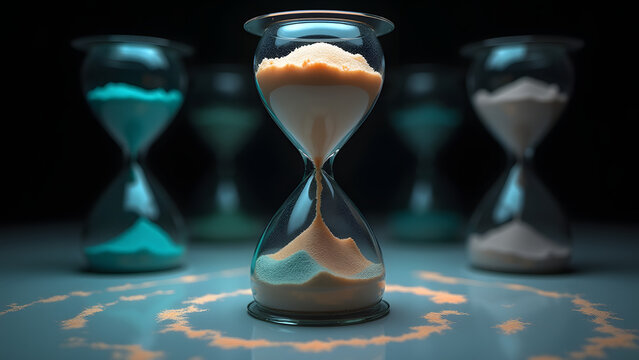 Quantum observation hourglass where sand flows only when watched, with projected wavefunction visualizations of the observer effect.
