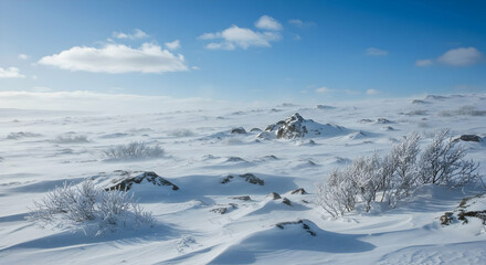 Fototapeta premium Snowy Highland Landscape Under Clear Blue Sky