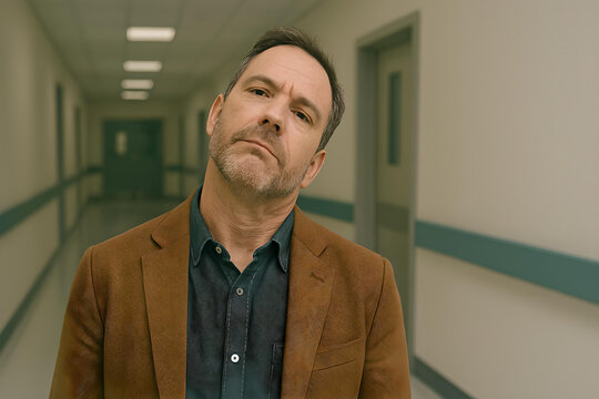A man with cervical dystonia (spasmodic torticollis)stands in a hallway, showing visible discomfort due to involuntary neck muscle contractions.