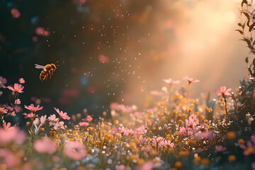 Honeybee collecting pollen amidst field of delicate flowers in warm light