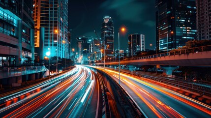 Fototapeta premium A city at night, with illuminated landmarks, light trails from moving traffic, and a vibrant nightlife atmosphere.