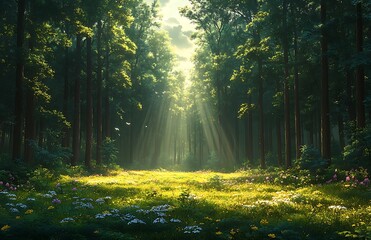 Obraz premium Sunlit Forest with Vibrant Greenery and Blooming Meadow