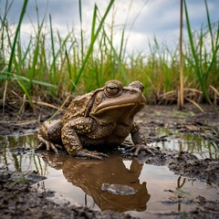 Cane Toad Resting on Muddy Riverbank Among Grasses and Reeds