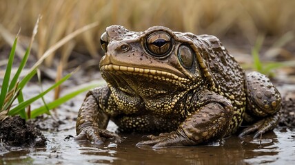 Cane Toad on Muddy Riverbank Surrounded by Grasses and Reeds