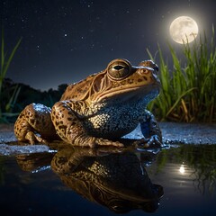 Cane Toad Illuminated by Moonlight Beside a Shimmering Waterhole