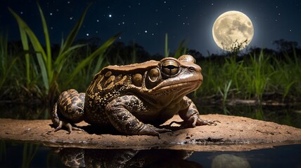 Moonlit Cane Toad by a Glimmering Waterhole Under the Night Sky