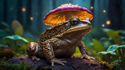 Whimsical Cane Toad Resting on a Colorful Mushroom in a Magical Forest