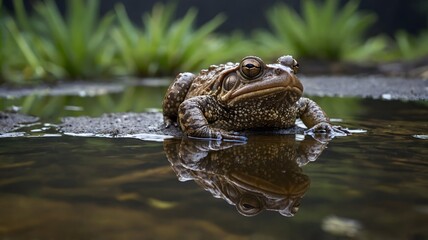Cane Toad Resting in Shallow Pond Waters, Surrounded by Lush Foliage