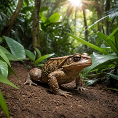 Cane Toad Leaping Over Dirt Path in Vibrant Tropical Forest