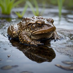 Cane Toad Relaxing in Shallow Pond with Lush Foliage Surrounding