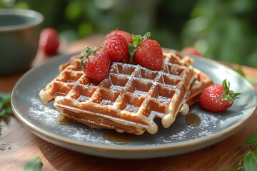 Brunch waffles in a sunny garden