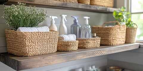 Rustic charm meets minimalist organization: A shelf with natural woven baskets