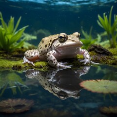 Peaceful African Clawed Frog Resting on the Bottom of the Pond in an Underwater View