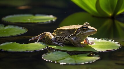 Whimsical African Clawed Frog Resting on Lily Pad with Sunlight Filtering Through Trees