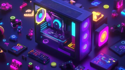A gaming PC setup with vibrant neon accents, surrounded by gaming accessories on a dark surface