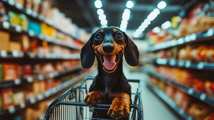 Happy dachshund shopping in grocery store fun pet moment bright indoor aisle