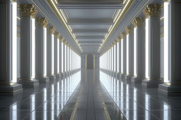 Naklejka premium A grand corridor lined with illuminated columns, featuring a polished floor and ornate details, creating an elegant and majestic atmosphere.