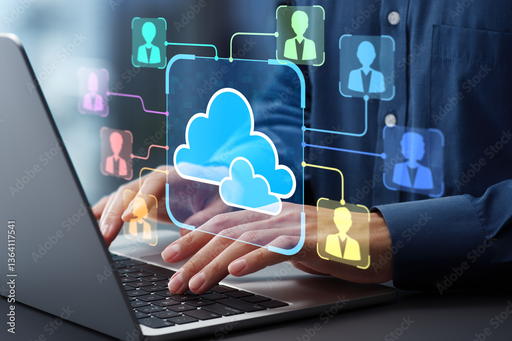 Poster Cloud collaboration tools for business team. File sharing solutions and project management tools. Businessman using laptop computer.