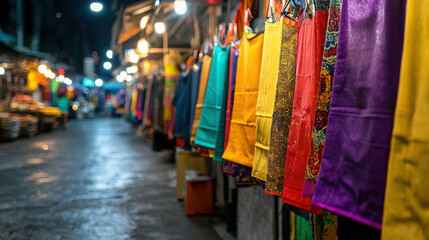 Colorful Fabrics Displayed at Night Market with Vibrant Textiles and Illuminated Stalls