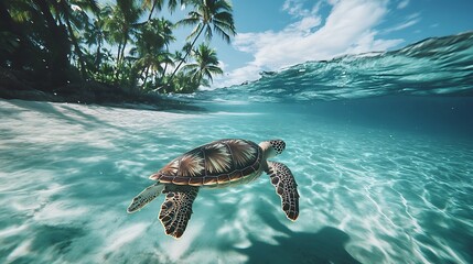Obraz premium Sea Turtle Swimming Near Tropical Beach, A sea turtle swimming in clear turquoise water near a tropical beach with palm trees under a bright blue sky