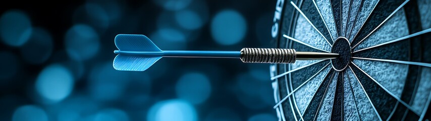 A blue dart hitting the center of a dartboard bullseye