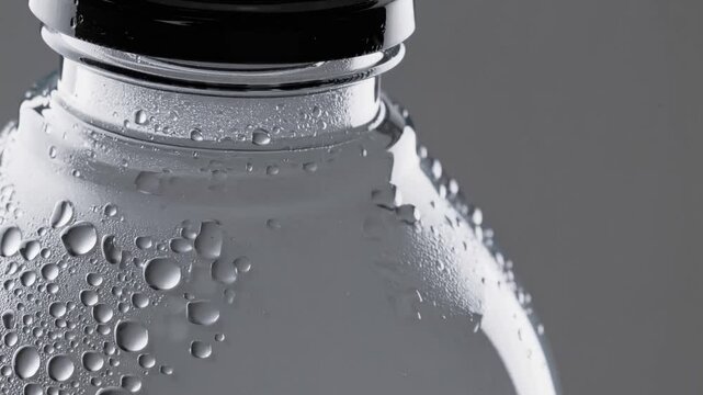 Macro shot of cold plastic bottle with water droplets and condensation. Grey background. Beverage packaging, hydration, freshness, chilled drink.