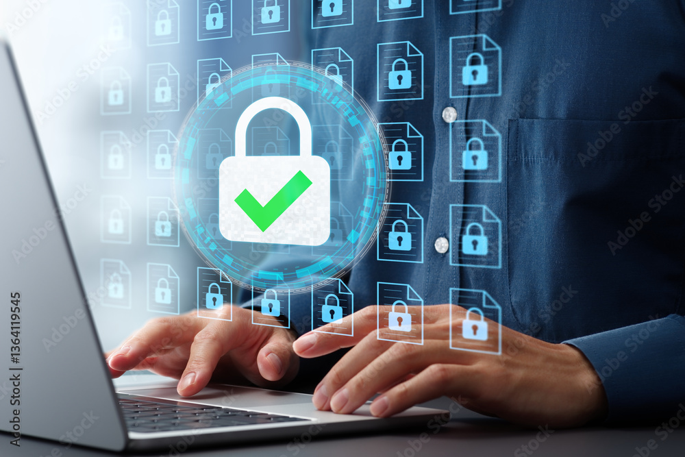 Poster Data security and document management system DMS. File encryption and access control. Businessman using laptop computer with secure document storage and archiving system.