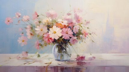 a pink flower arrangement on top of a white table