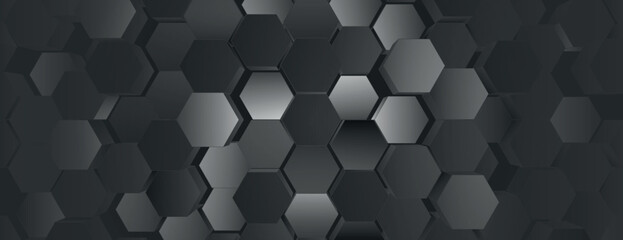 Dark gray hexagonal background with a 3D effect. The background features a sleek, modern style with a textured gray pattern. 3D hexagon pattern background. Black background vector.