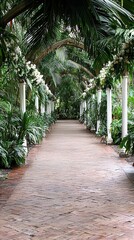 Obraz premium Serene walkway surrounded by lush greenery featuring a cozy bench for relaxation and reflection